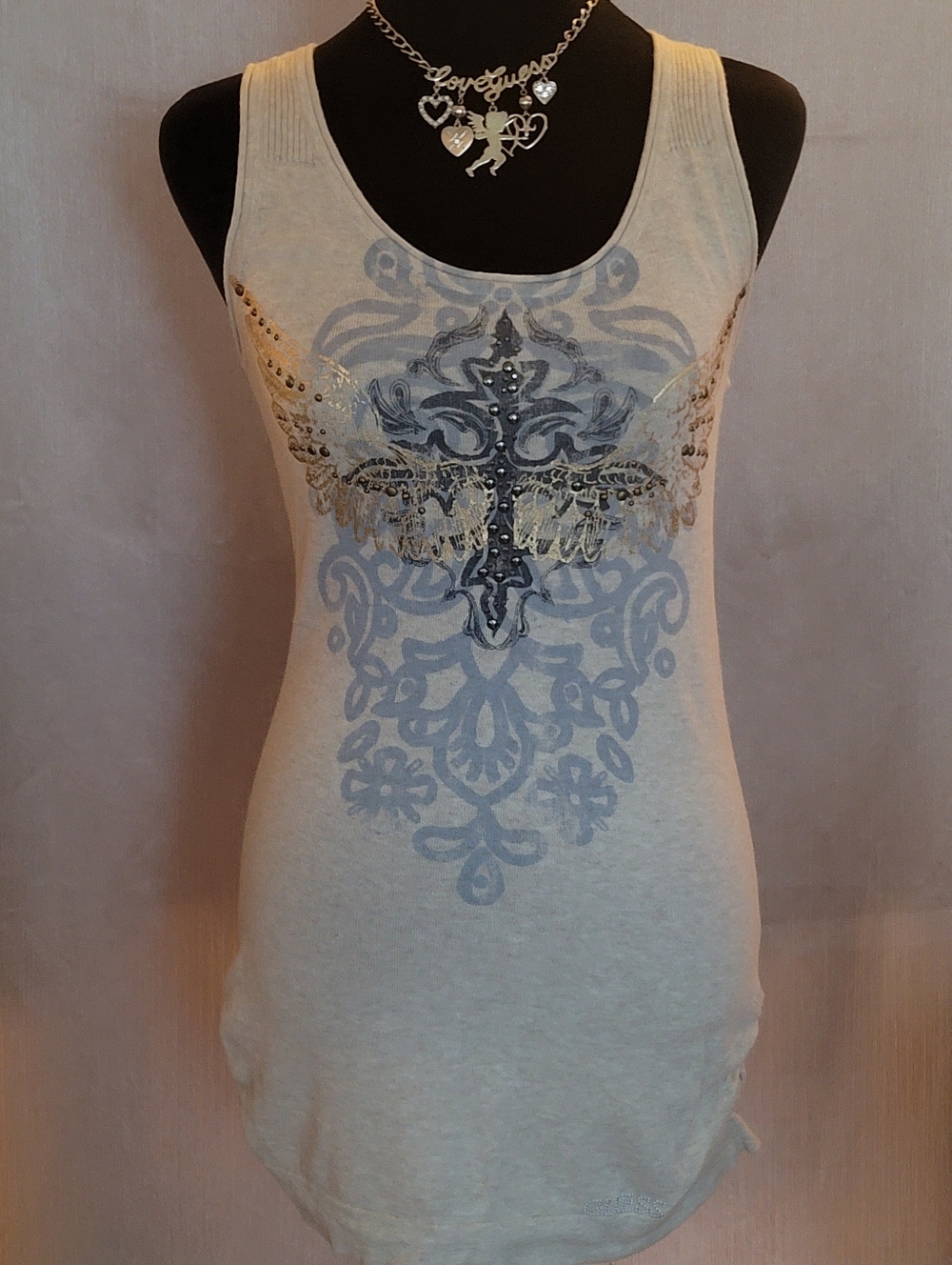 Sleeveless Graphic Tank Top with Cross Accent - Light Cream/Blue